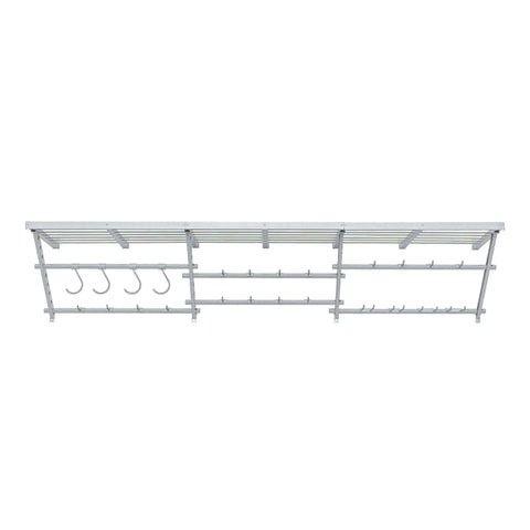 Top view of a 96 Inch Wide Wall Mounted Utility Storage Rack With 4 Bike Hooks And 20 Regular Hooks In White for garage organization.