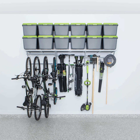 96 Inch Wide Wall Mounted Utility Storage Rack With 4 Bike Hooks and 20 Hooks organizing bikes and tools in a garage.