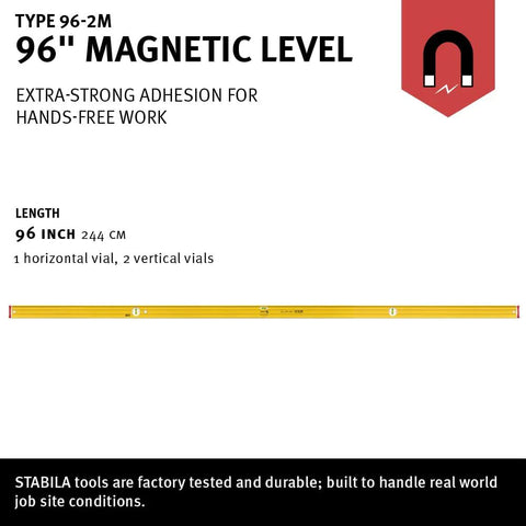 Stabila Type 96M Magnetic Level, 96-inch, aluminum body, rare-earth magnets, horizontal and vertical vials, for framing jobs.