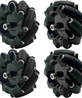 Set of four 97mm Mecanum wheels in black for DIY robot, featuring 4WD omnidirectional movement, with metal coupling connectors.