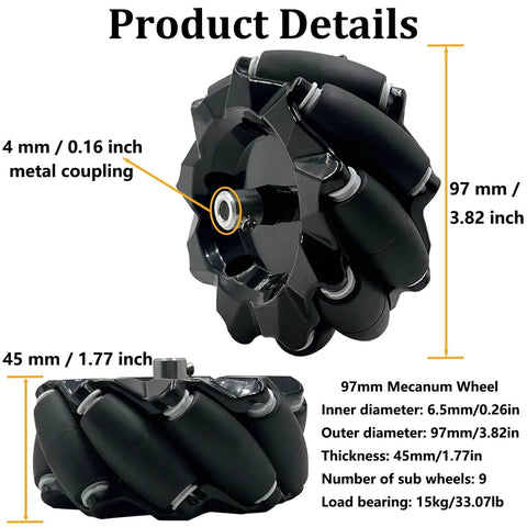 Product details of Premium 97mm Mecanum Wheel, 4WD Omnidirectional Wheels DIY Robot Parts with 4mm Metal Coupling Motor Connector