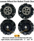 Premium 97mm Mecanum Wheel, 4WD Omnidirectional Wheels DIY Robot Parts with 4mm Metal Coupling Motor Connector Tire for AGV Smart Robot, Omni Wheel Robot Car Accessories for Arduino, showing left and right markings