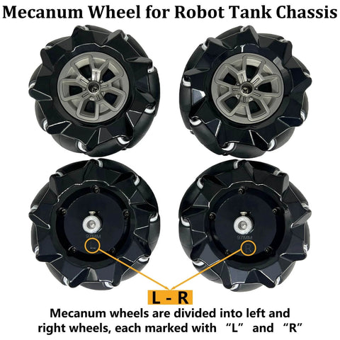 Premium 97mm Mecanum Wheel, 4WD Omnidirectional Wheels DIY Robot Parts with 4mm Metal Coupling Motor Connector Tire for AGV Smart Robot, Omni Wheel Robot Car Accessories for Arduino, showing left and right markings