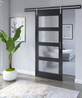 36 Inch Contemporary Sliding Barn Door With Frosted Glass Panels For Modern Rooms And Tight Spaces, sleek hardware, home use