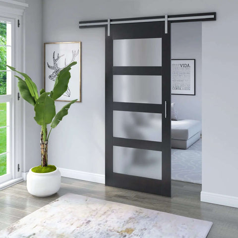 36 Inch Contemporary Sliding Barn Door With Frosted Glass Panels For Modern Rooms And Tight Spaces, sleek hardware, home use