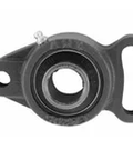 Front view of adjustable two bolt flange bearing with cast iron housing, ball bearing insert, and locking screw for precise shaft alignment.
