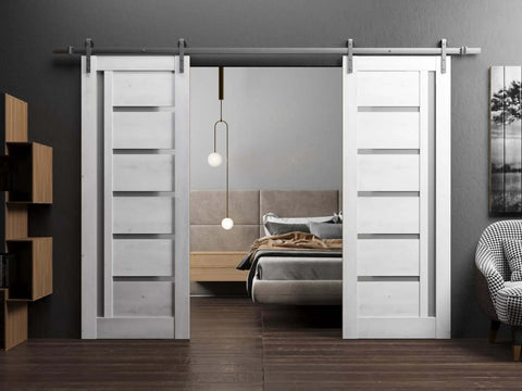 Sturdy Double Barn Door Kit 48 By 96 Inches In Nordic White With Frosted Glass 13 Foot Rail Hangers Beefy Build Track
