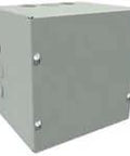 Metal electrical junction box with side knockouts, unlabeled, plain grey finish, viewed at an angle