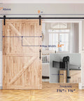 9ft Barn Door Hardware Kit with I shape hanger installed on wooden door, showing sliding track system with 54-inch width max and dimensions.