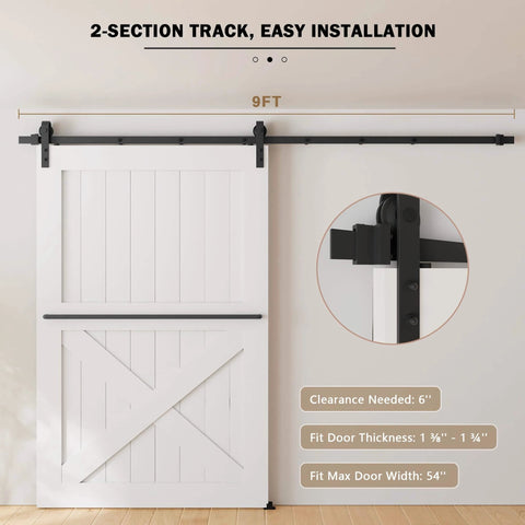 9FT Sliding Barn Door Hardware Kit for Single Doors up to 54 Inch installed with carbon steel track and nylon rollers