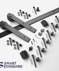9ft Barn Door Hardware Kit with I shape hanger showing carbon steel track, screws, and components for single door installation