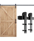 9ft Barn Door Hardware Kit with I shape hanger, heavy duty sliding track system built from carbon steel, shown with wooden door