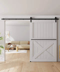 Installed 9FT Sliding Barn Door Hardware Kit for Single Doors up to 54 Inch, heavy duty carbon steel track with smooth nylon rollers in living room