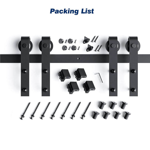 Components of 9 FT Double Door Sliding Barn Door Hardware Track Kit with basic J pulley, black powder coated finish, assembly screws