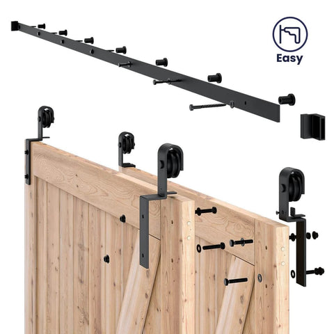 9 Feet Bypass Sliding Barn Door Hardware Kit for Double Wooden Doors with Single Track, carbon steel rail, easy installation