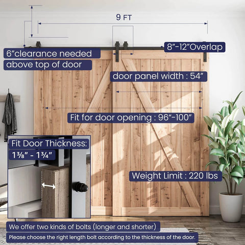9 Feet Bypass Sliding Barn Door Hardware Kit for Double Wooden Doors with Single Track, installed on wooden doors in room