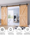 9 FT Double Door Sliding Barn Door Hardware Track Kit installed in home interior with basic J pulley and black powder coated finish