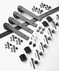 9FT Double Sliding Barn Door Hardware Kit for Two 27 Inch Door Panels laid out with carbon steel track, nylon rollers, screws, and components.