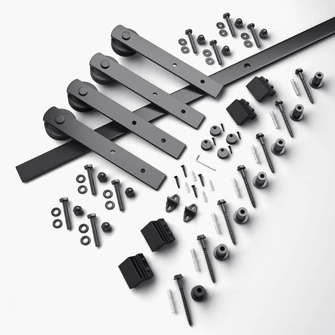 9FT Double Sliding Barn Door Hardware Kit for Two 27 Inch Door Panels laid out with carbon steel track, nylon rollers, screws, and components.