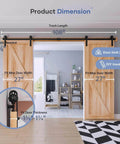 9 FT Double Door Sliding Barn Door Hardware Track Kit with basic J pulley, showing 108 inch track length for double 27 inch doors