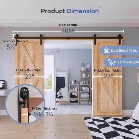 9 FT Double Door Sliding Barn Door Hardware Track Kit with basic J pulley, showing 108 inch track length for double 27 inch doors