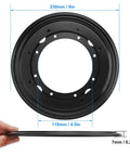 9-inch black lazy Susan turntable bearing plate held sideways with visible dimensions; part of 8 Pack 9 Inch Black Lazy Susan Turntable Bearing Plates And Base Set For Heavy Duty Rotating Tables And Workstations, Solid Metal Construction, Easy Installation, Up To 750 Lbs Load Capacity, Galvanized Steel With Ball Bearings.