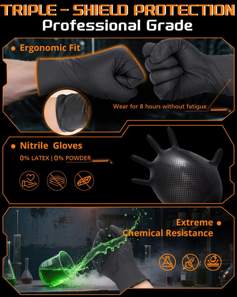 9 Mil Nitrile Gloves With Raised Diamond Grip Chemical Resistant Latex Free showcasing ergonomic fit and extreme chemical resistance