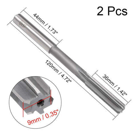 Pro Grade 9mm Chucking Reamer HSS Lathe Tool with 6 Straight Flutes, showing dimensions and close-up of cutting edge.