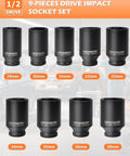 9 Pcs Axle Nut Hub Impact 1/2" Drive Socket Set with sockets 29 to 38mm displayed in a grid, each labeled by size.