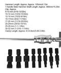 Slide Hammer and Blind Hole Bearing Puller Set with 8-32mm inserts, 9 pcs, and specifications chart