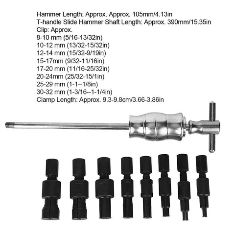 Slide Hammer and Blind Hole Bearing Puller Set with 8-32mm inserts, 9 pcs, and specifications chart