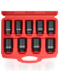 9 Pcs Axle Nut Hub Impact 1/2" Drive Socket 29 30 31 32 33 34 35 36 38mm Socket Set in red case, front view