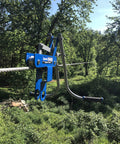 Front view of blue Zip Line Trolley With Brake Featuring The Real Deal Patent No Wear Braking System on 5/16 to 1/2 in line.