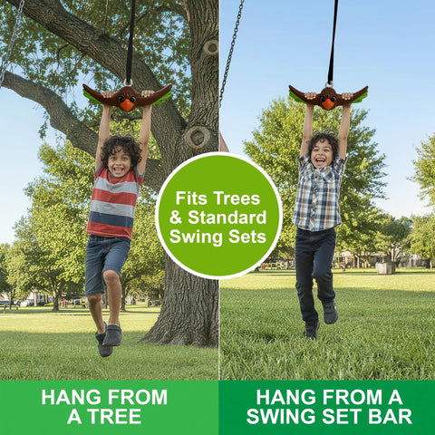 Two kids using the Ninja Twister Swing Spins Set For Backyards, 360 Degree Spin Toy And Swing Set Accessory on a tree and swing set.