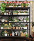 Beefy Heavy Duty Five Tier Metal Storage Shelving Unit 45.5 Inch Wide With Open Sides For Kitchen Garage And Retail Use Large Capacity Stable Steel Construction Easy Assembly Perfect For Tools And Gear, black wire shelf with potted plants