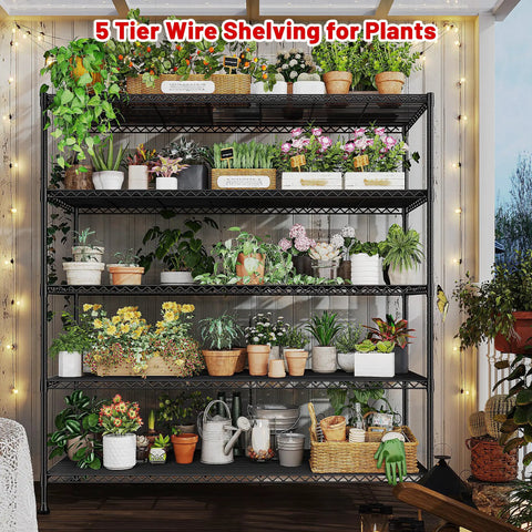 Beefy Heavy Duty Five Tier Metal Storage Shelving Unit 45.5 Inch Wide With Open Sides For Kitchen Garage And Retail Use Large Capacity Stable Steel Construction Easy Assembly Perfect For Tools And Gear, black wire shelf with potted plants