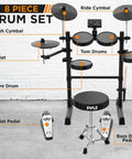 8 piece electric drum set with labeled cymbals, tom drums, snare, hi-hat, bass drum pedal, and stool against a brick wall.