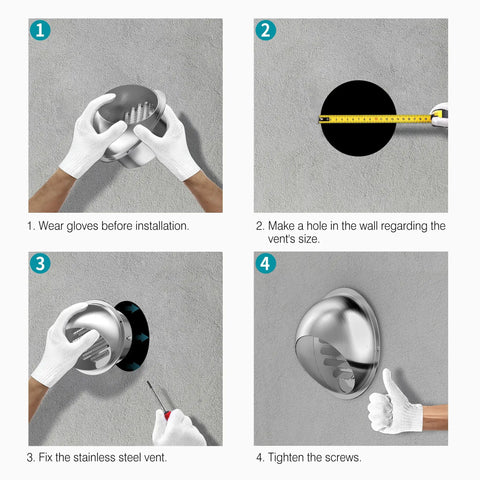 4 Step installation guide for 4 Inch Wall Vent Cover With Screen Mesh Made Of Stainless Steel Round Exterior Exhaust Vent For Outdoor Dryer Or Ventilation System 95mm Diameter Rust Resistant Weatherproof Easy Install