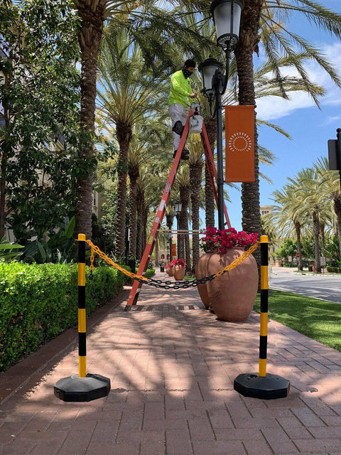 Two Pack Traffic Delineator Poles With Chain Included Portable Fillable Base No More Cones For Parking Lots Construction Sites