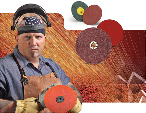 Fiber Disc 987C 36 Plus Grit Metal Grinding Disc With Ceramic Precision Shaped Grain For Angle Grinders in use by worker.