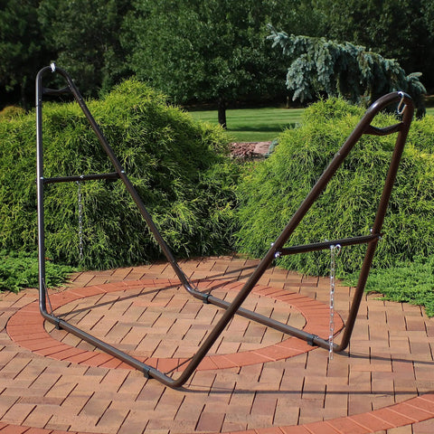 Bronze Heavy Duty Outdoor Hammock Stand For 9 To 14 Foot Hammocks with Chains, 550 Pound Capacity, on brick patio