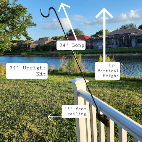 Heavy Duty 34 Inch Deck Shepherd Hook For Vertical Spindled Railings Hangs Bird Feeders And Flower Baskets Rock Solid Steel Hanger displayed by railing.