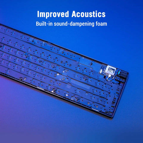 Badass Full Size Mechanical Gaming Keyboard With Hot Swappable Linear Switches And Durable Pbt Keycaps For Smooth Typing And Fire Rgb Backlight On Pc With Aluminum Top Plate interior view showing built-in sound-dampening foam.