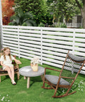 42 Inch High By 38 Inch Wide Three Panel Air Conditioner Fence Panels For Outdoor Privacy Screens Pool Equipment Enclosure And Trash Can Screens Kit Easy Install For Backyard Patio White Heavy Duty Steel With Waterproof Coating in a garden setting with a seating area.