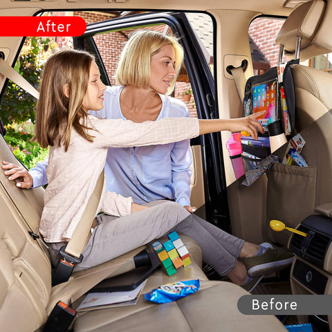 Family using Backseat Car Organizer With Kick Mats And Tablet Holder, 9 Pocket Back Seat Protector For Kids, 2 Pack