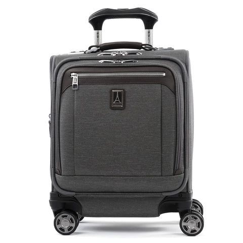 Front view of 16-inch Underseat Spinner Tote with USB Port in Vintage Grey, showing smooth 360-degree wheels and precision glide system.