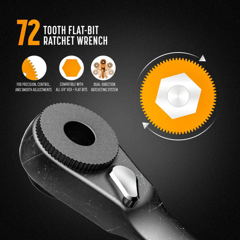 22 Piece Double Sided Bit Kit Workhorse with flat end ratchet driver showing 72 tooth ratchet mechanism, dual-direction compatibility