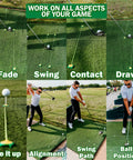 All In One Golf And Baseball Agility Training Kit With Four Tee Holders And Five Elastic Lanyards For Indoor And Outdoor Practice, Pro Grade Alignment, Ball Position, Swing Path, Putting, Chipping, Fielding And Catching, USA Made, showing golf practice on green mat.