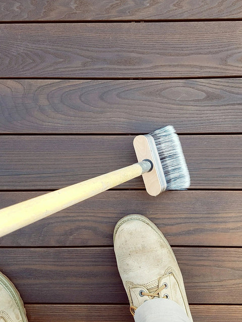 Go To Rapid Stain Deck Brush Applicator 5 Inch used on wood surface for staining, sealing, and painting