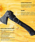 Close-up of throwing axe for camping and bushcraft, ultra sharp survival hatchet with sheath, displayed on wood surface.